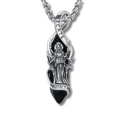DRINSPER Obsidian S925 Hecate Necklace, The Goddess of Magic Night and Witchcraft, Devotion Jewelry, 925 Sterling Silver Pend...