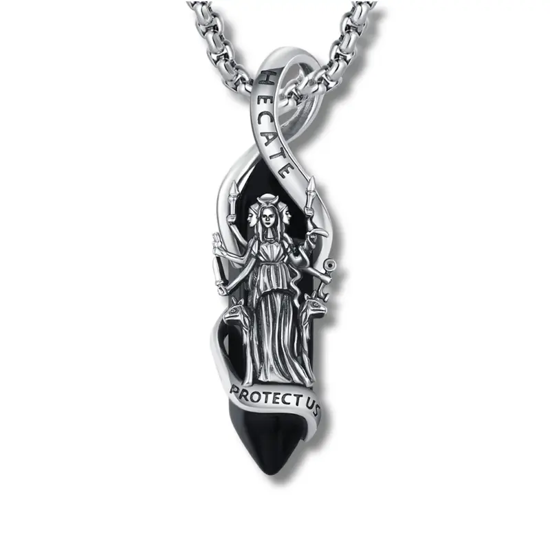 DRINSPER Obsidian S925 Hecate Necklace, The Goddess of Magic Night and Witchcraft, Devotion Jewelry, 925 Sterling Silver Pend...