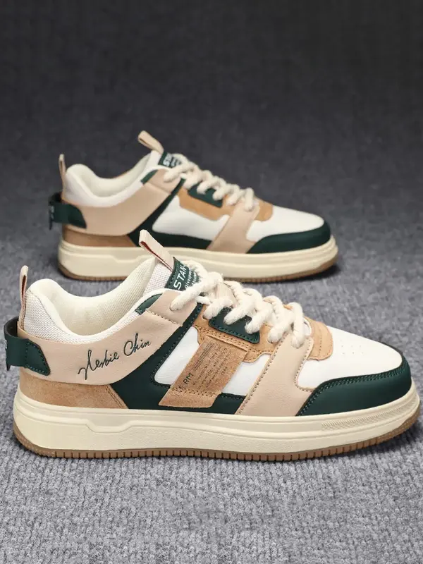 Men's Fashion Colorblock Patchwork Pattern Letter Detail Lace Up Low Top Sneakers, Casual Sporty Skate Shoes for Men for Dail...