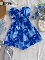 Women's All Over Print Tie Front Romper, Casual Romper for Summer, Ladies Clothes for Beach Holiday Vacation, Bohemian Womens...