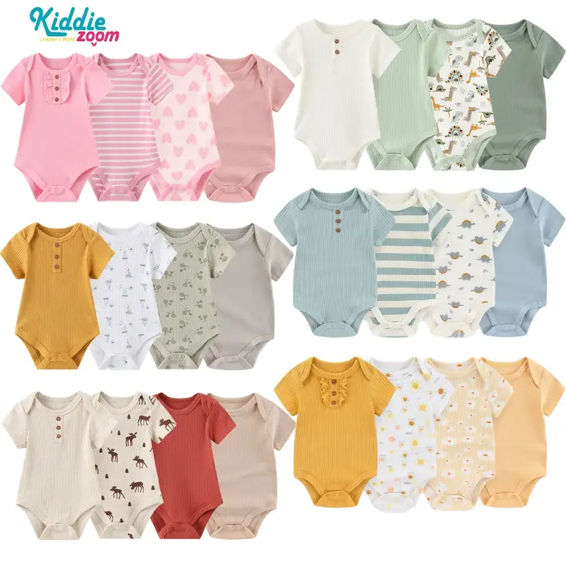 Newborn Baby Short Sleeve Bodysuit Cotton Soft and Comfortable 4-Piece Baby Clothes ,Suitable for  0-12 Months Baby Clothes