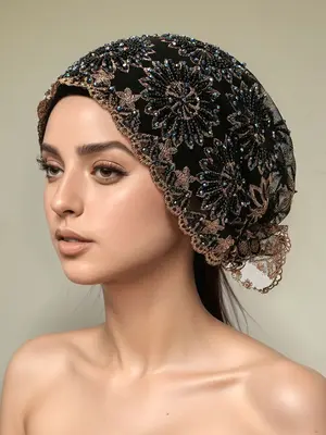 Women's Embroidered Polyester Headscarf Hat, Elastic Breathable Muslim Cap with Rhinestones, Perfect for Chemotherapy Patient...