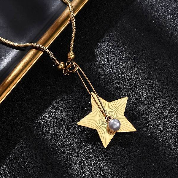304 Stainless Steel & Plastic Pearl Star Pendant Snake Chain Necklaces for Women