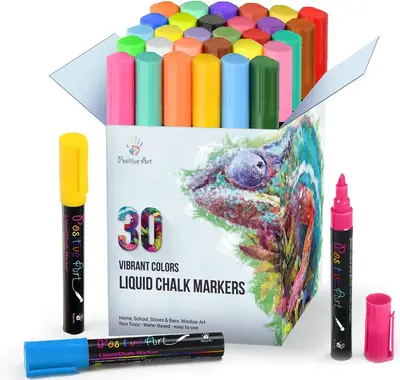 Liquid Chalk Markers, 30 Vibrant Colors Washable Window Markers, Reversible Tip Chalk Marker Set