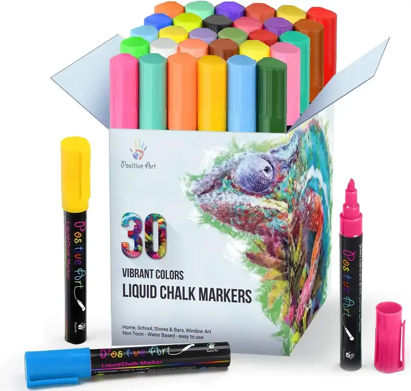 Liquid Chalk Markers, 30 Vibrant Colors Washable Window Markers, Reversible Tip Chalk Marker Set
