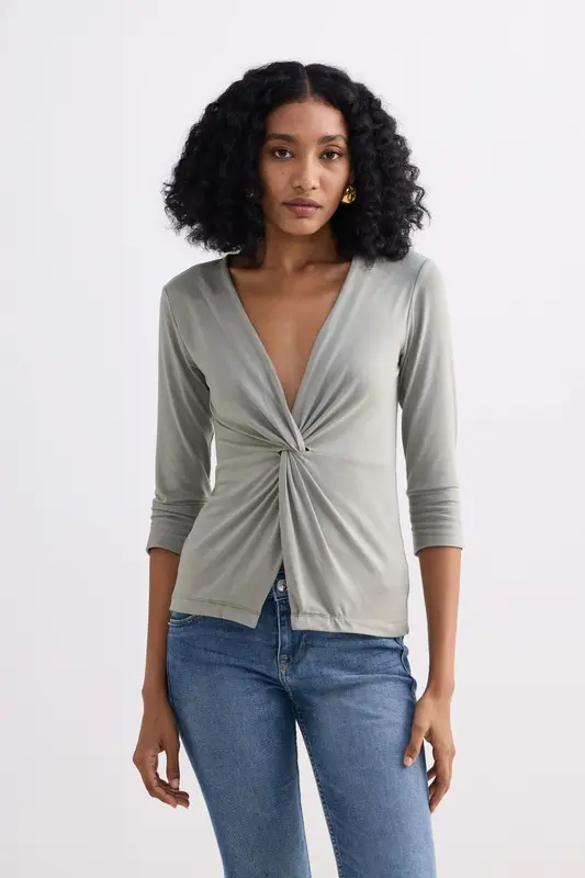 Twist Front Knit Shirt in Light Olive | Color: Frost & Mist | Size: XL