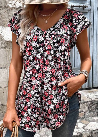 Modlily Black Ruched Floral Print Short Sleeve T Shirt - M