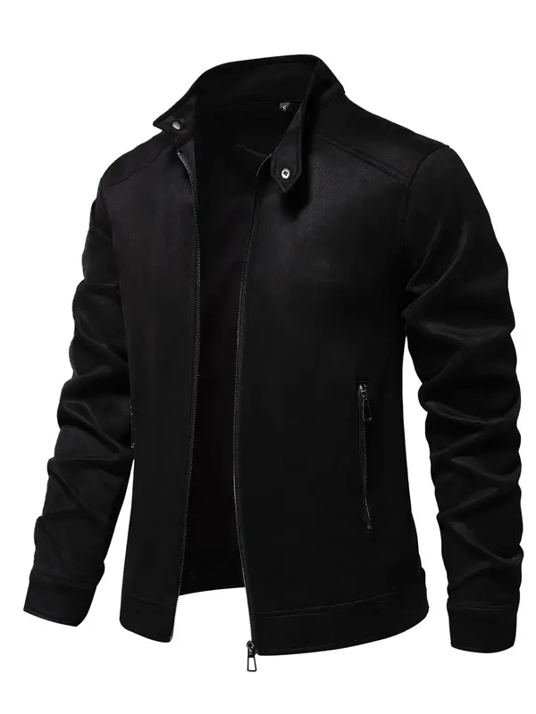 Men's Solid Pocket Zipper Suede Jacket, Regular Fit Casual Long Sleeve Button Front Outerwear for Fall & Winter, Men's Clothe...