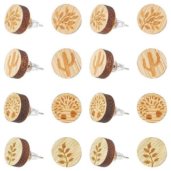 8 Pairs 4 style Natural Wood Flat Round Stud Earrings