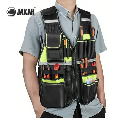 Work Safety Vest, Reflective Safety Vest with Multi-pockets and Zipper, Tool Vest for Electricians, Security & Safety Supplie...