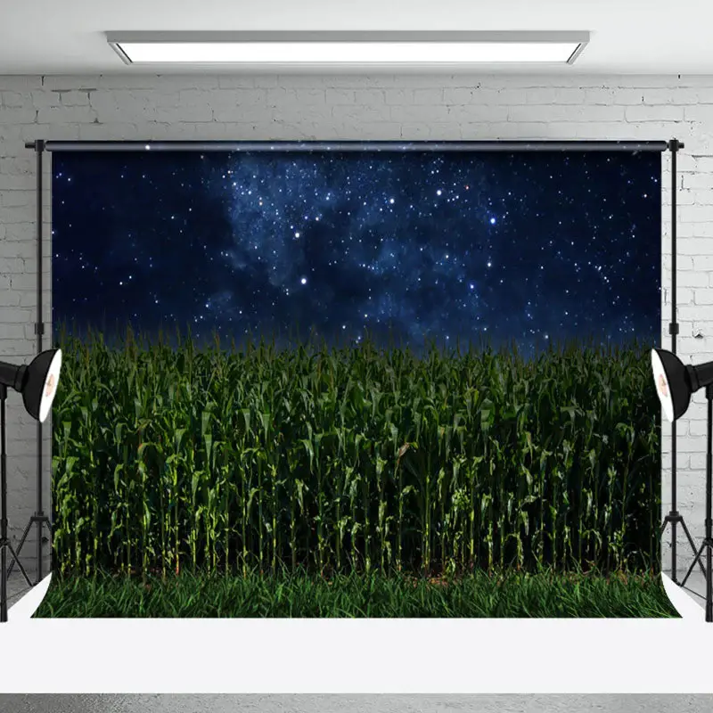 Aperturee Dark Starry Night Green Cornfield Summer Backdrop