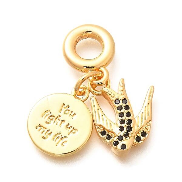 Brass Cubic Zirconia Flat Round & Swallow European Dangle Charms