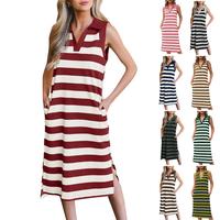 Danedvi Women's Striped Summer Dress Casual Polo V Neck Sleeveless Slit Loose Fit T Shirt Midi Dresses