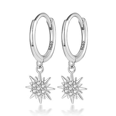 Rhodium Plated 925 Sterling Silver Micro Pave Cubic Zirconia Dangle Hoop Earrings
