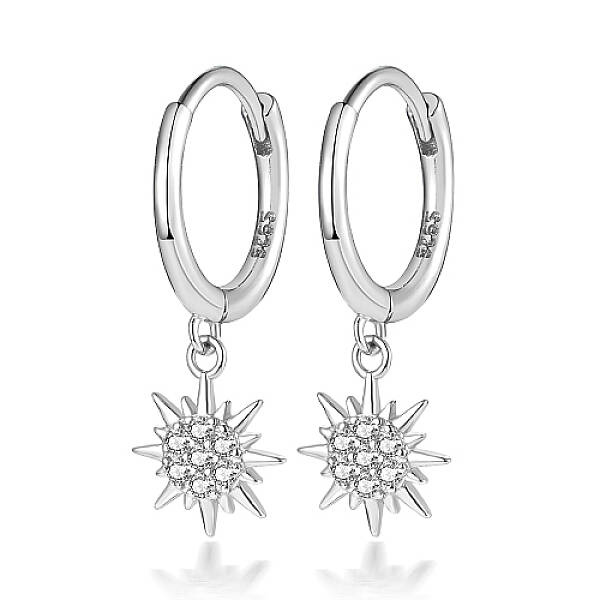 Rhodium Plated 925 Sterling Silver Micro Pave Cubic Zirconia Dangle Hoop Earrings