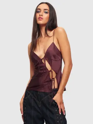 Women's Minimalist Asymmetrical Cut Out Tie Front Cami Top, Sexy 2000s Y2k Solid Sleeveless Backless Fit Spaghetti Strap Top ...