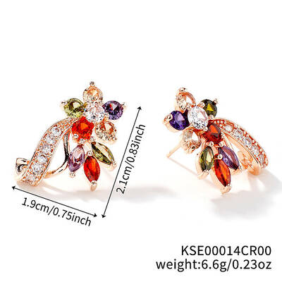 Elegant Brass Rhinestone Leaf Stud Earrings