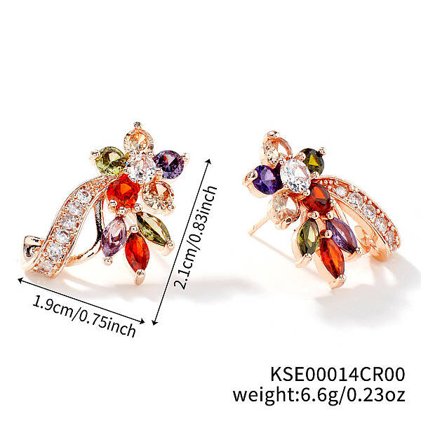 Elegant Brass Rhinestone Leaf Stud Earrings