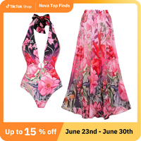 FLAXMAKER Women's Deep V Halter Backless Floral Print One-Piece Swimwear and Matching Cover Skirt Set Summer Swimdress