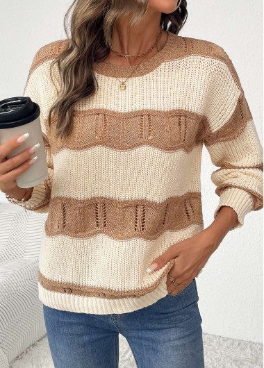 Modlily Beige Long Sleeve Round Neck Sweater - S
