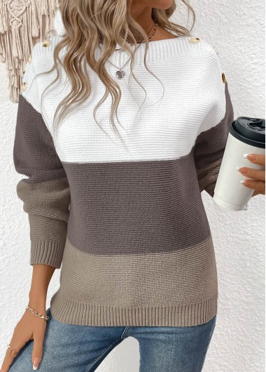 Modlily Dark Coffee Patchwork Long Sleeve Round Neck Sweater - L