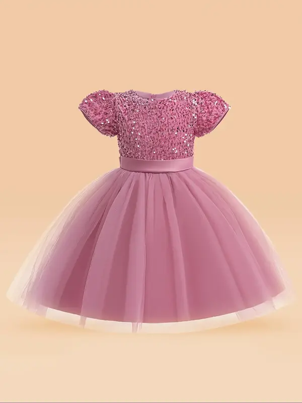 Girl's Contrast Mesh Sequin Bow Decor Fit & Flare Dress, Elegant Cap Sleeve Round Neck Dress for Party, Kids Clothes for All ...
