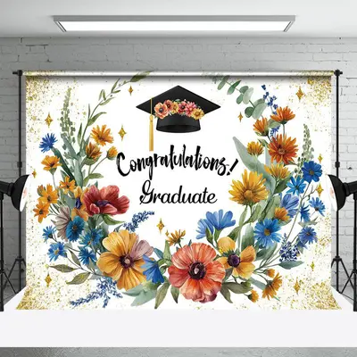 Wreath Gold Glitter Bachelors Hat Graduation Backdrop - Aperturee