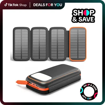 Solar Charger 27000mAh Power Bank with 4 Solar Panels and 3 USB Outputs, 3A Fast Charging Portable Charger USB C External Bat...