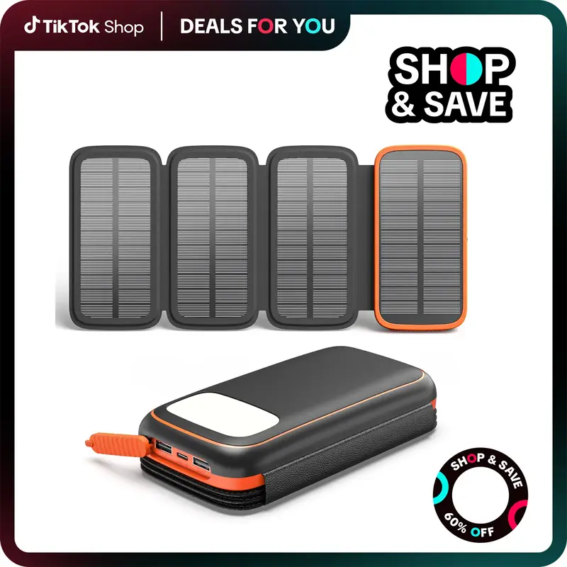 Solar Charger 27000mAh Power Bank with 4 Solar Panels and 3 USB Outputs, 3A Fast Charging Portable Charger USB C External Bat...