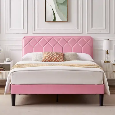 VECELO Upholstered Bed Frame Platform Queen Twin Full Size Bed with Velvet Headboard Strong Wooden Slats Noise-Free,No Box Sp...
