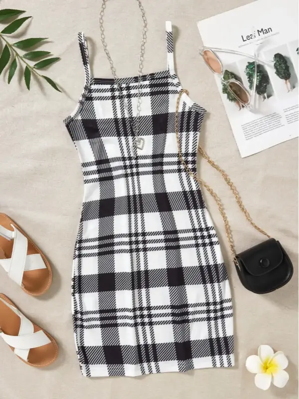 Girl's Plaid Print Cami Dress, Casual Fashion Spaghetti Strap Sleeveless Dress for Daily Outdoor Wear, Kids Clothing for Summ...
