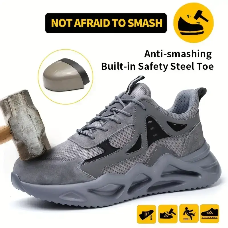 Not Afraid to Smash Men's Steel Toe Sports Non-Slip Work Shoes Grey Closed Breathable Mesh Anti-Smashing Anti-Piercing Shock-...