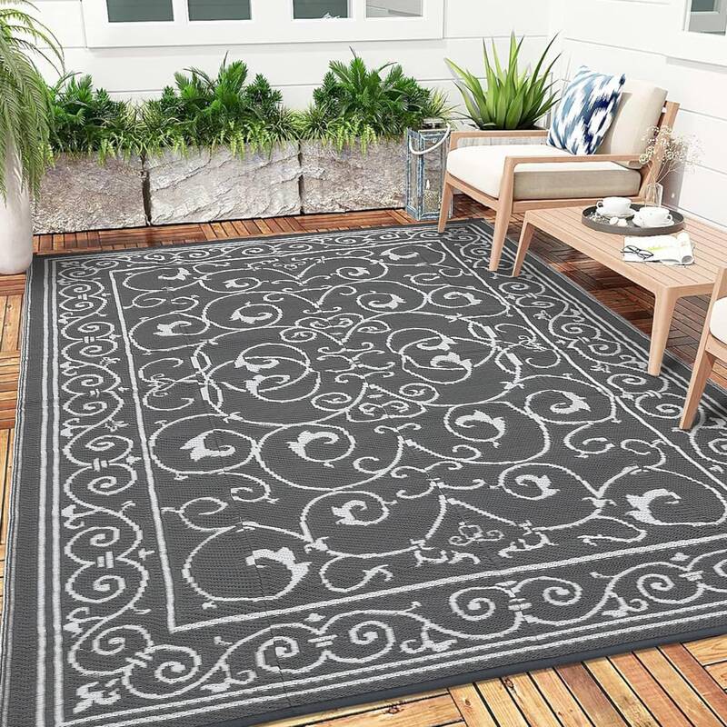 Garvee 9x12 Outdoor Patio Rug Waterproof Reversible Plastic Straw Lightweight Foldable Easy Clean Vintage Grey for Backyard C...