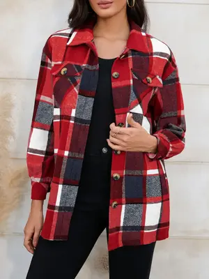 Women's Plaid Print Button Front Long Sleeve Shirt Coat, Preppy Trendy Casual Chic Comfort Collar Coat for Daily School Outdo...