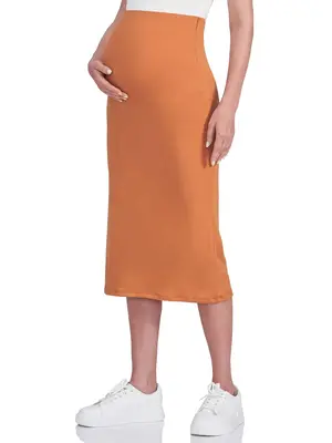 POSHDIVAH Women's Maternity Skirt Over The Belly Midi High Waisted Solid Stretchy Pregnancy Pencil Skirt pregnancy supply sum...