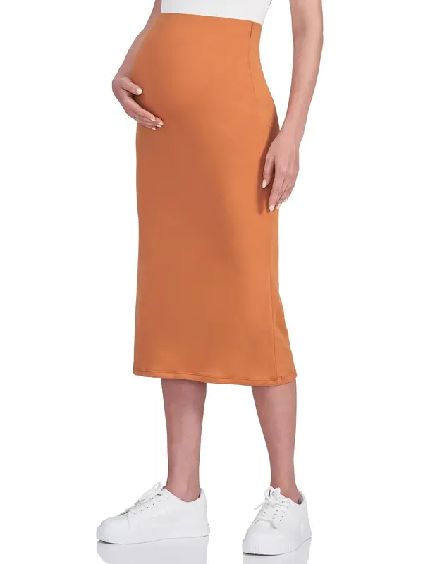 POSHDIVAH Women's Maternity Skirt Over The Belly Midi High Waisted Solid Stretchy Pregnancy Pencil Skirt pregnancy supply sum...