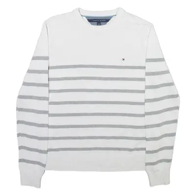TOMMY HILFIGER Mens Patterned Jumper White Striped Tight Knit L