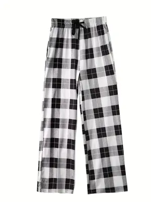 Women's Plaid Print Drawstring High Waist Wide Leg Pants, Casual Loose Soft Elastic Waist Trousers for Fall & Winter Daily We...