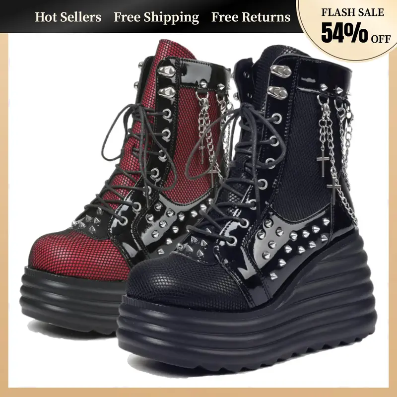 Women Goth Chunky Ankle Boots Cross Decor Chain Platform Zip Round Toe Lace Up Combat Bootie Wedge Rave Boots Black Red Punk ...