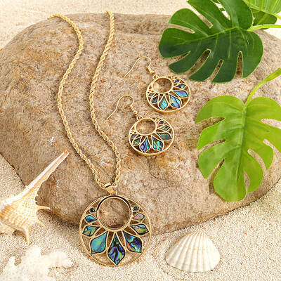 Alloy & Natural Abalone/Paua Shell Pendant Necklaces & Dangle Earrings Sets
