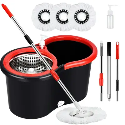 Spin Mop Bucket with Wringer Set, Operable 360 ° Rotating Mop Bucket Set, with 3 Microfiber Replacement Head ,Stainless Stee...