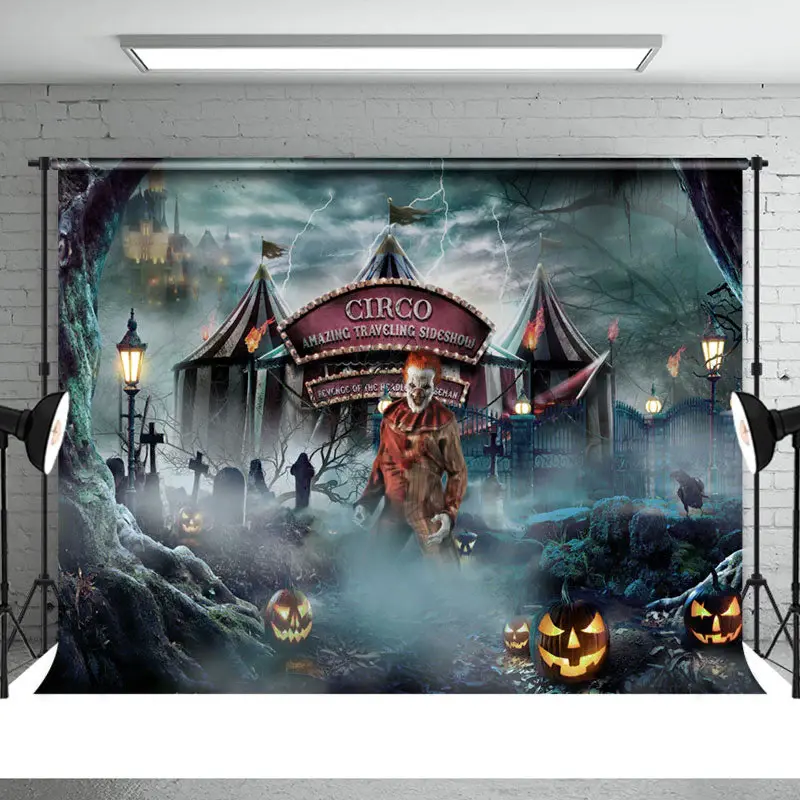 Horrible Scary Clown With Circus Halloween Backdrop - Aperturee