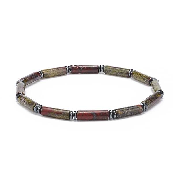 Natural Dragon Blood Column & Synthetic Hematite Stretch Bracelet