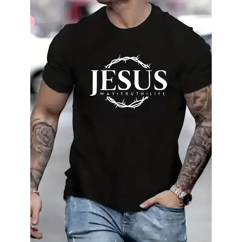 Men'S Short-Sleeve Shirt, One Piece, Made of High-Quality Breathable Fabric, Featuring a Jesus Print, Easy to Move In, Soft A...