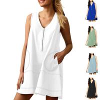 Tanming Women's Half Zip Cotton Dress Summer Sleeveless V Neck Colorblock A Line Mini Dresses with Pockets
