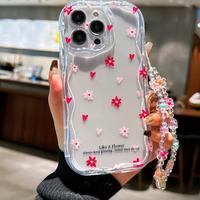 Cute Flower Pattern Smartphone Protective Case with Beaded Lanyard, Decorative Cellphone Protector Cover, Phone Accessories C...
