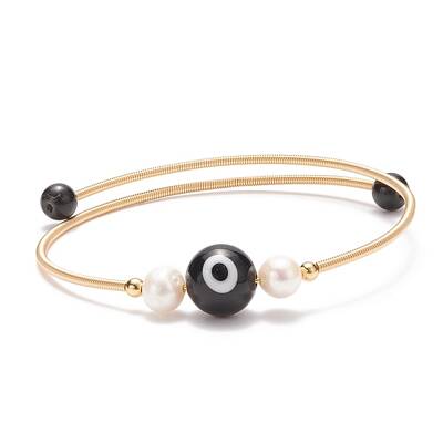 Natural Obsidian & Evil Eye Lampwork & Natural Pearl Beaded Bangle