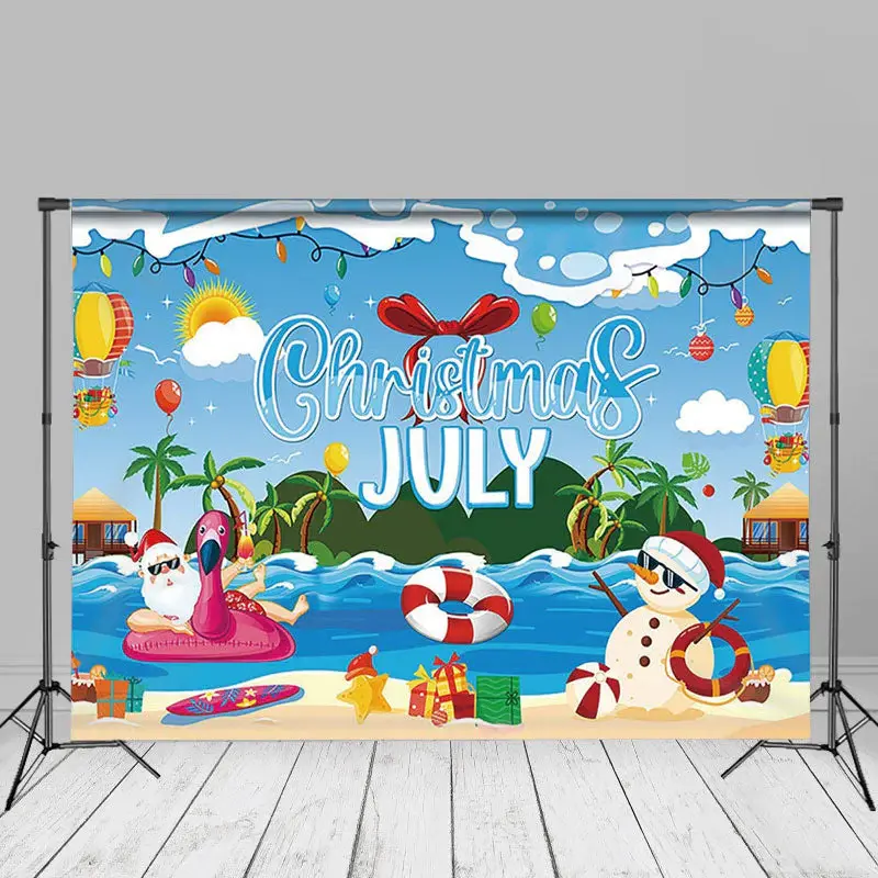 Santa Snowman Pool Party Christmas In July Backdrop - Aperturee