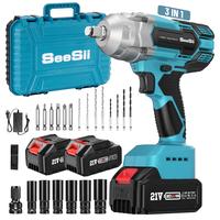 Seesii 3 in 1 Cordless Impact Wrench 1/2'',3300RPM,Brushless Impact Driver w/ 2x 4.0Ah Batteries,6 Sockets,Drills,6 Screws,Po...