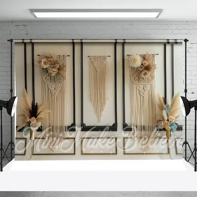 Classic White Black Wall Tassel Boho Photo Backdrop - Aperturee